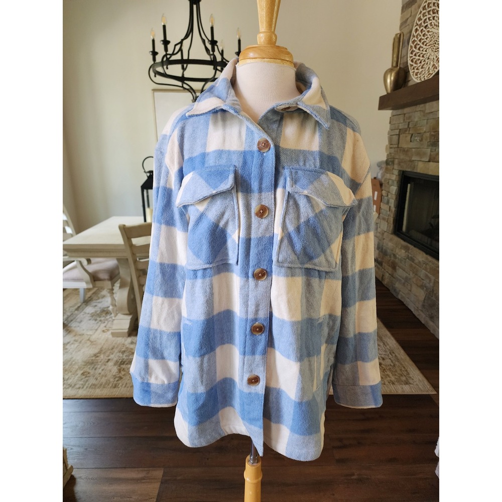 Womens Blue‎ White Buffalo Plaid Wool Blend Shacket Jacket Medium